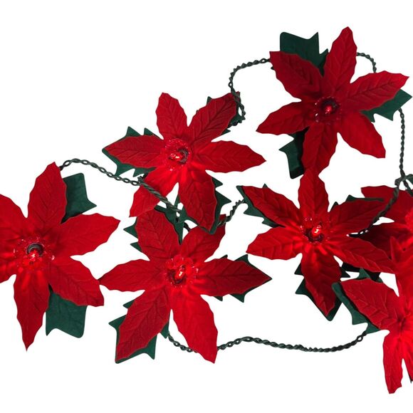Vintage Velvet Poinsettia Christmas Tulip Reflector Red 10 Light Strand - Picture 4 of 9